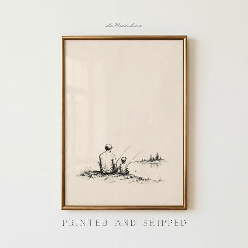 Father and Son Fishing Vintage Sketch — Boy Nursery Print