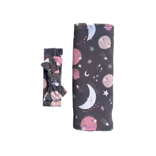 Little Sleepies Swaddle & Headband Bow Set, Viscose from Bamboo Baby Swaddles, Newborn Baby Girl Clothes (Luxe Pink to the Moon & Back)