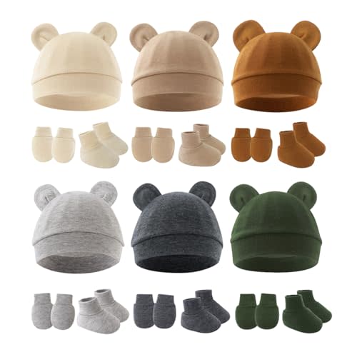 ZURLEFY Cotton Baby Hats Mittens and Socks Set Unisex, Toddler No Scratch Mittens and Beanie Cap Infant Newborn Hospital Hat
