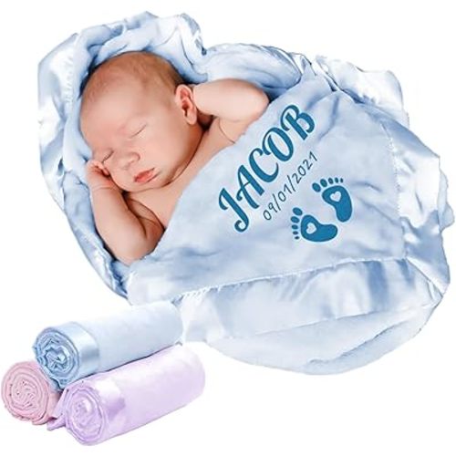 Custom Name Baby Crib Blanket for Boys: Personalized Soft Swaddle Blanket for Newborn Infant Toddler, Personalized Gift Blue Stroller Blanket with Name Print