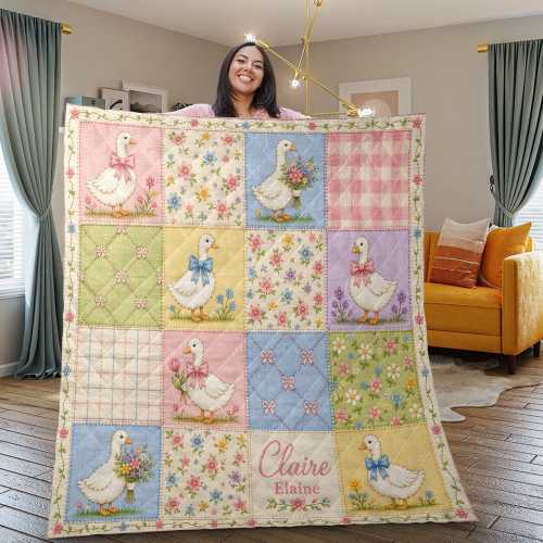 Floral Goose Quilt Blanket Personalized Name Patchwork Duck Bow Cottage Style Woven Throw