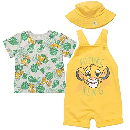 Disney Junior Baby French Terry Short Overalls, T-Shirt and Hat 3 Piece Outfit Set Newborn to Infant Sizes (OS - 24 Months)