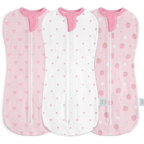 Baby Swaddle 0-2 Months, Cotton Arm-In Zipper Sleep Sack, Wearable Blankets Wrap for Newborn Infant Girls (Bow, Heart, Strawberry, Pack of 3)
