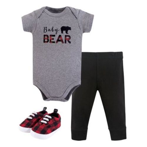 Little Treasure Baby Boy Cotton Bodysuit, Pant and Shoe 3pc Set, Baby Bear Short-Sleeve, 6-9 Months