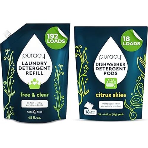Puracy Laundry Detergent Refill - Enzyme-Powered Liquid Detergent Concentrate, (Free & Clear, 192 Loads) and Natural Dishwasher Pods - Non Toxic Dishwasher Detergent (Citrus Skies, 18 Loads)