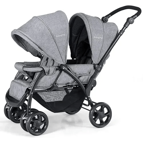 BABY JOY Double Stroller, Foldable Lightweight Twin Stroller with Tandem Seating, Adjustable Backrest/Canopy/Footrest, 5-Point Harness, Storage Basket, Newborn and Toddler (Gray)