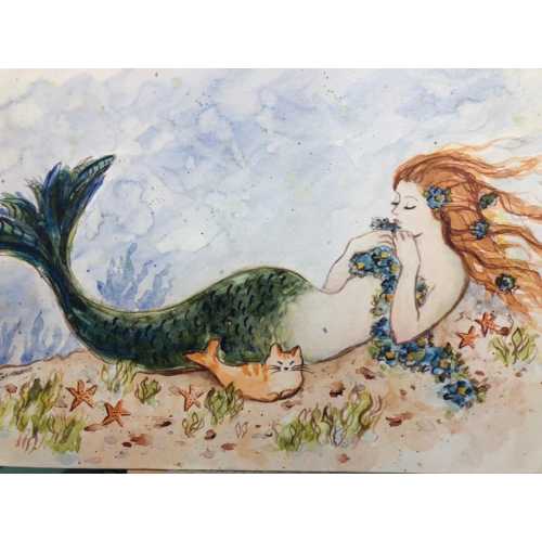 Mermaid Cat Nap, 11x14 print by Tina Obrien, beach art, mermaid, purrmaid