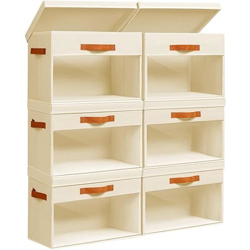 Large Storage Bins with Lids - 6 Pack Foldable Decorative Organizers with Clear Windows & Handles, Cube Storage Organizers for Clothes, Blankets, Sweaters, CD, Beige