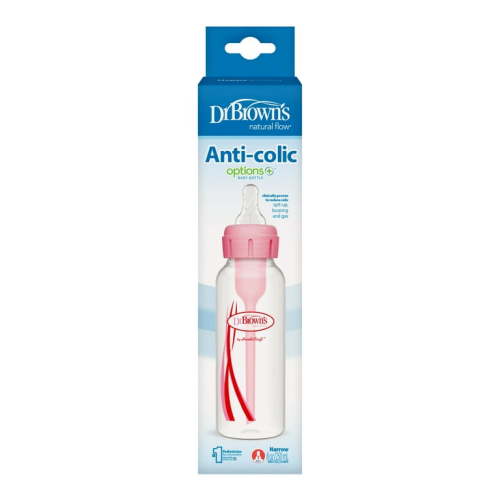 Dr. Brown's Natural Flow Anti-Colic Options+ Narrow Baby Bottle, 8oz/250mL, Level 1 Slow Flow Nipple, 1-Pack, Pink, 0m+