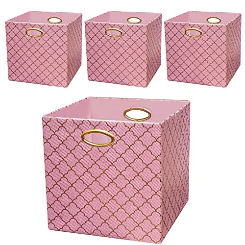 Posprica Storage Bins, Storage Cubes,131313 Fabric Drawers Organizer Basket Boxes Containers,Set of 4, Pink/Gold Lace