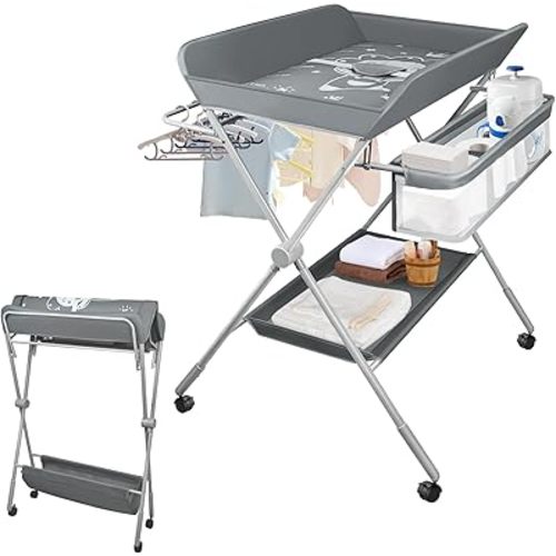 Baby Changing Table, Portable Folding Diaper Changing Station with Wheels, Adjustable Height Nursery Organizer with Safety Belt & Storage Basket & Hanging Rack for Newborn Baby and Infant (Gray)