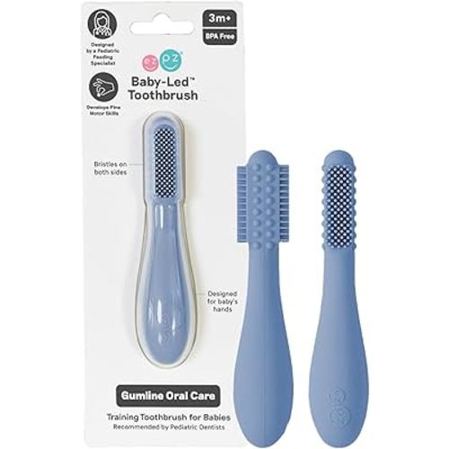 ezpz Baby-Led Toothbrush (Indigo) - 3 Months + - 100% Silicone Infant Toothbrush with Sensory Bumps - Cleans Gums + New Teeth - Improves Hand-to-Mouth Coordination, Self-Feeding Skills
