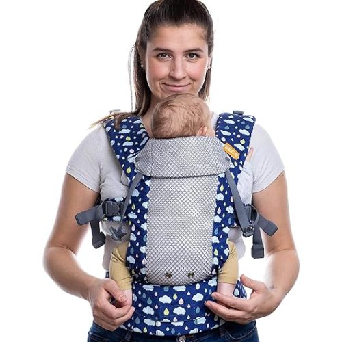 Beco Gemini Baby Carrier from Newborn to Toddler - Certified Ergonomic Newborn Baby Carrier for Infants and Children of 7-35 lbs - M Shape, Adjustable Seat, Breathable 3D Mesh (Cool Rain Drops)