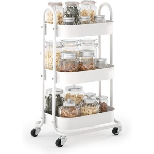 EAGMAK 3 Tier Rolling Cart, Round Metal Utility Cart with Lockable Wheels, Storage Cart Organizer Trolley with Mesh Shelves for Living Room, Kitchen, Bedroom, Office(White)