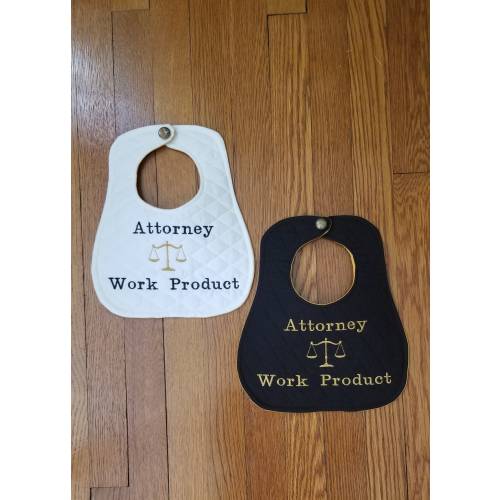 Baby Bib Embroidered With Attorney Work Product and Scales of Justice