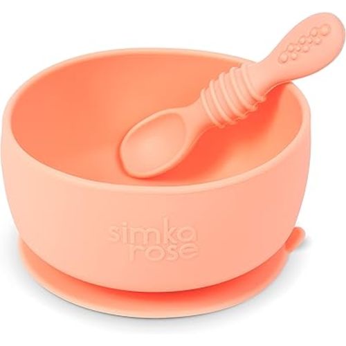 Baby Bowl and Spoon Set, Suction Bowls for Toddler, BPA-Free Silicone, Dishwasher and Microwave Safe (Peach)