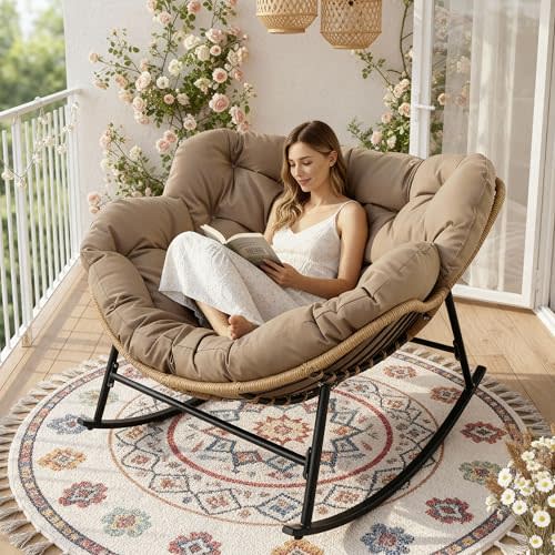 FINCATI Papasan Rocking Chair Outdoor Indoor, Oversized Wicker Egg Chair | 450 Lbs Heavy Duty, Large Size, PE Wicker Recliner with Brown Cushion, Comfy Patio Rocker for Balcony Porch Garden