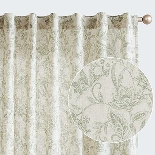 jinchan Floral Linen Curtains 84 Inch Green on Beige Back Tab 2 Panels
