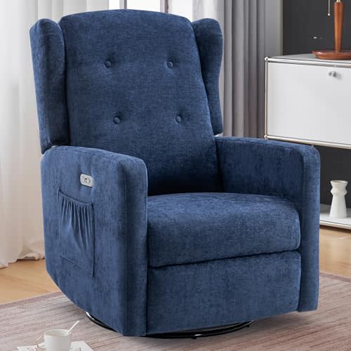 Power Swivel Rocking Recliner Chair, Electric Rocker Nursery Glider Chair, USB and Type-C Ports, Upholstered Fabric Reclining Single Sofa Chair for Living Room (Blue)
