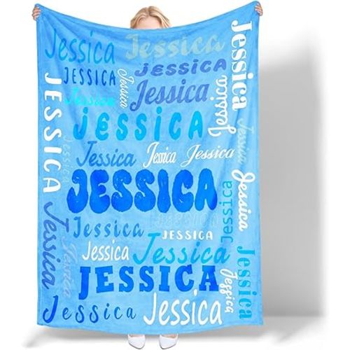 Custom Blanket with Name Personalized Throws Blankets, Handmade Customized Plush Fleece Blanket for Adults and Kids, Soft Fleece Warm Flannel for Sofa Bed Camping (Light Blue)