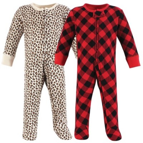 Hudson Baby Girls Thermal Zipper Sleep and Play 2pk, Buffalo Plaid Leopard, 0-3 Months