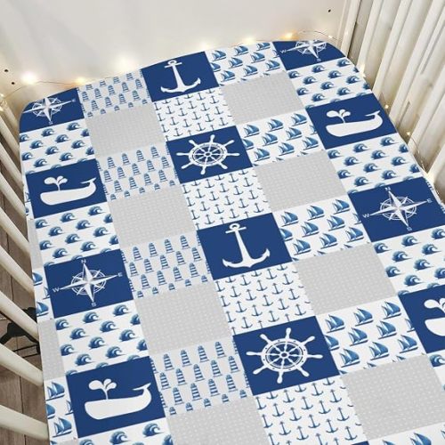 Compass Coastal Anchors Lighthouse Ship Baby Crib Sheets for Boy Girl 28"x52" Nautical Marine Whale Soft Snug Fitted Crib Mattress Cover Sailing Adventure Baby Sheet for Crib & Toddler Bed Mattress