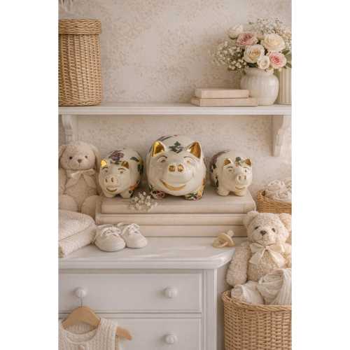 Vintage Style Pansy Floral Ceramic Piggy Bank Set | Gold Trim Nursery Decor
