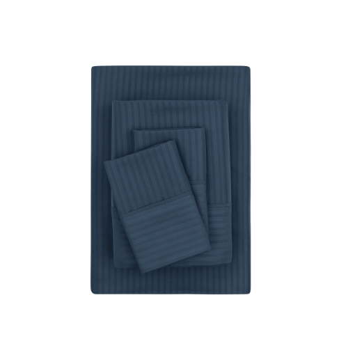 Mainstays Super Soft Brushed Microfiber Bed Sheet Set, Navy Blue Embossed Stripe, King, 4 Piece