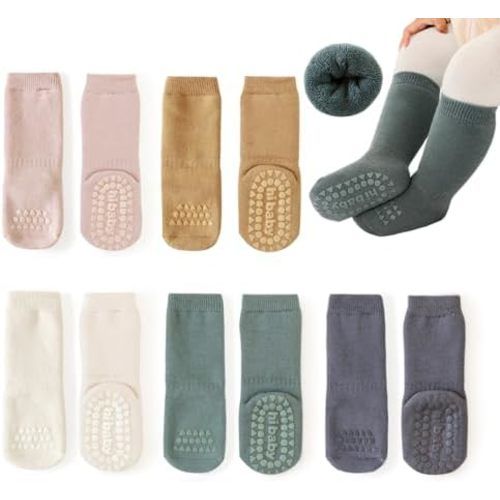 Baby Non-Slip Warm Thick Knee-high Crawling Socks Toddler Anti Skid Crew Grip Socks for Infants Boys Girls 5 Pairs