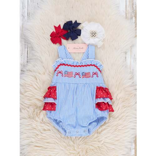 Patriotic Flag & Bows Embroidered 100% Cotton Bubble Romper