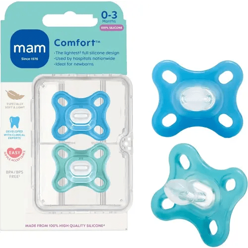 MAM Comfort Baby Pacifiers 0-3 Months Newborns, Lightweight One-Piece Full Silicone Binky, BPA-Free Nipple, Easy to Clean Pacifier, Best for Breastfed Babies, 2 Count, Sterilizer Case, Made in Europe