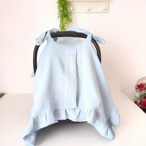 Blue Muslin Car Seat Canopy, 100% Cotton Baby Cover, Breathable Infant Shade