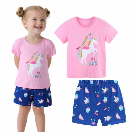 HILEELANG Toddler Girl Summer Short Outfits Cotton CrewNeck Pink Unicorn Short Sleeve Playwear 2PC Sets 3T