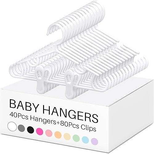 Hsei Nursery Hangers with Clips for Kids Baby Pants Hangers 10/20/40 Newborn Plastic Hanger with 20/40/80 Clip for Closet Toddler Clothes Coat Skirts Socks(White,120 Packs)