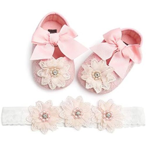 Baby Girls Mary Jane Flats with Bowknot Flowers Princess Wedding Dress Ballet Shoes Non-Slip Toddler First Walkers Newborn Crib Shoes