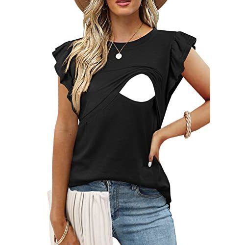 CzzzyL Women Nursing Flutter Sleeve Tops Crew Neck Blouse T Shirts