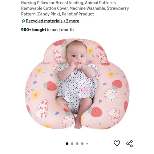 Nursing Pillow for Breastfeeding, Animal Patterns Removable Cotton Cover, Machine Washable, Strawberry Pattern （Candy Pink）