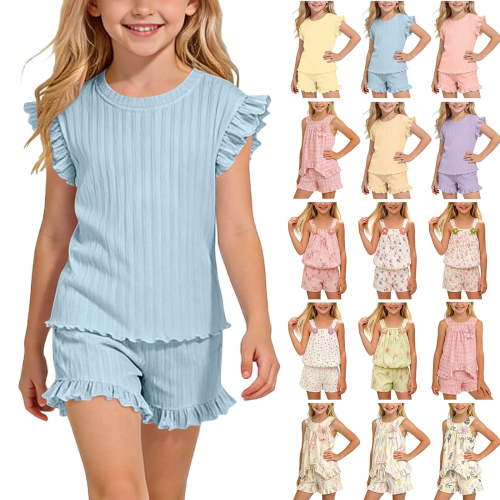 Bovxnpu Girls Summer 2 Piece Outfits Sleeveless Crewneck Kids Casual Cool Fabric Shorts Set