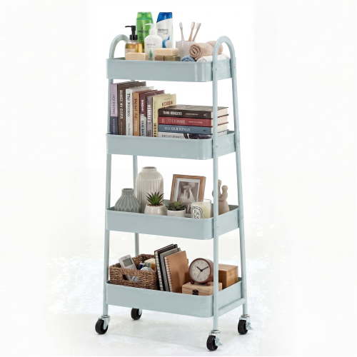 EDX 4-Tier Rolling Cart, 132 lbs Metal Utility Cart Storage Organizer with Lockable Casters, Multi-Functional Mesh Rolling Storage Cart for Kitchen Office, Green