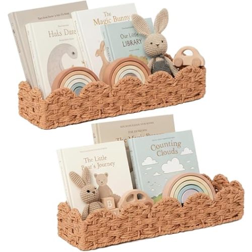 Scalloped Rattan Wall Shelf – Floating Bookshelf for Nursery, Bedroom or Living Room – Decorative Boho Scalloped Shelves, Rattan Wall Shelf for Storage, Nursery Book Shelf & Display