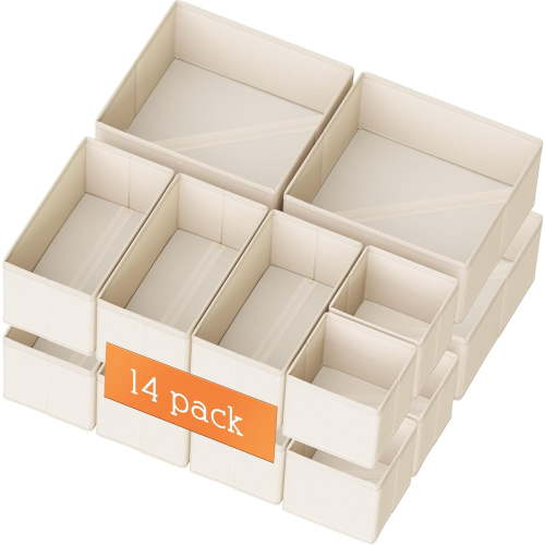 Drawer Organizer Clothes, 14 Pack Dresser Organizer for Baby Clothes, Underwear, Sock- Foldable Closet Organization and Storage Dividers Bins for Nursery, Bedroom and Dorm (Beige)
