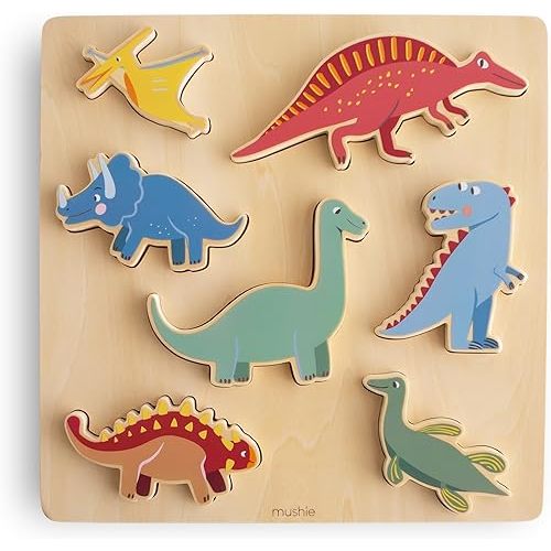 mushie Wooden Dino Puzzle | for Kids 3 Years+ | Preschool Educational & Toddler Montessori Toys (7 pcs)