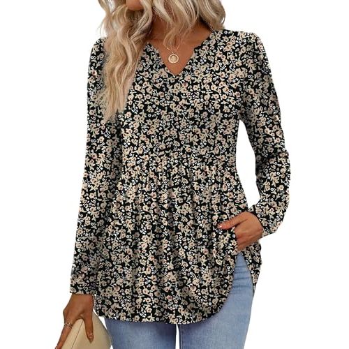 WIHOLL Womens Tops Long Sleeve Fall Shirts Babydoll Peplum Tops for Women V Neck Tunic Dressy Casual Blouses
