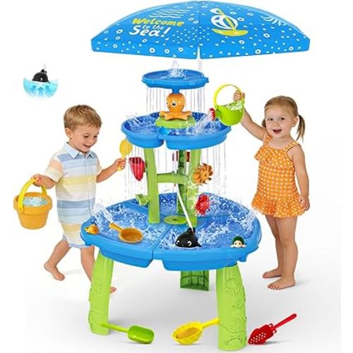 2026 Upgraded Toddlers Water Table, 3-Tier Sand and Water Table with Water Pump & Umbrella, Summer Outdoor Toys, Activity Sensory Playset, Rain Shower Splash Pond Water Toy for Boys Girls Age 3-5 4-6