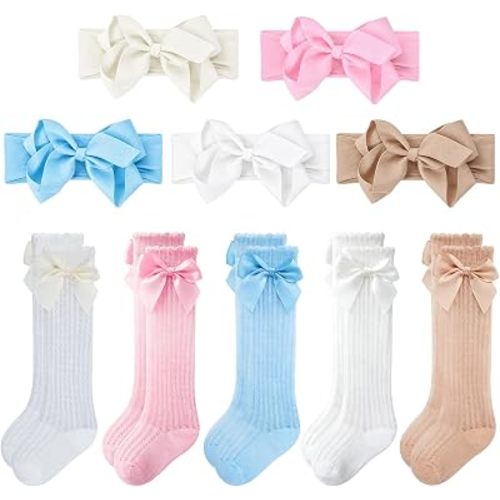 Baby Girl Headbands and Socks Set, 5 Bow Headbands with 5 Pairs Baby Socks, Soft Matching Accessories for Newborn Infant Girls 0-12 Months