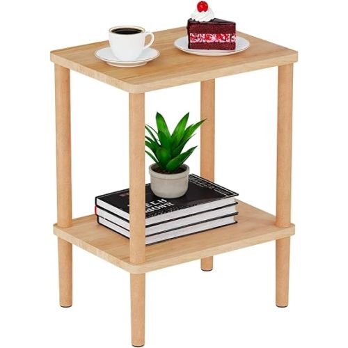 LUCKNOCK Solid Wood Side Table, 2-Tier Small End Table with Storage Shelf, Narrow Nightstand Bedside Table for Small Spaces, Bedroom, Living Room, Farmhouse, No-Tool Assembly.