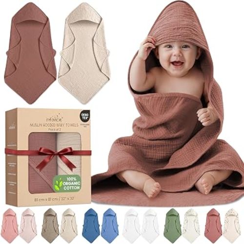 100% Organic Cotton 2 PK Muslin Baby Hooded Towels Newborn 81x81cm