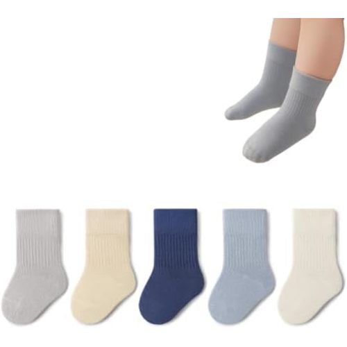 Toddler Crew Cotton Socks Unisex Baby Boy/Girl Solid School Uniform Socks for Infant Kids Neutral,5 Pairs