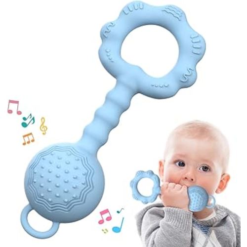 Teethers for Babies 6-12 Months, Rattles for Babies 0-6 Months, 2-in-1 Rattle and Teether Toy for Soothing Sore Gums and Keeps Little Ones Entertained, Food Grade Silicone, Blue