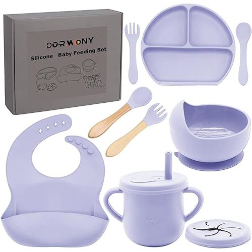 100% Silicone Baby Feeding Set,BPA Free Baby Dishes Set with Suction Bowl Divided Plate,Toddler Self Feeding Dish Set with Spoons Forks Sippy Cup and Bib, Baby Eating Utensils(Purple)